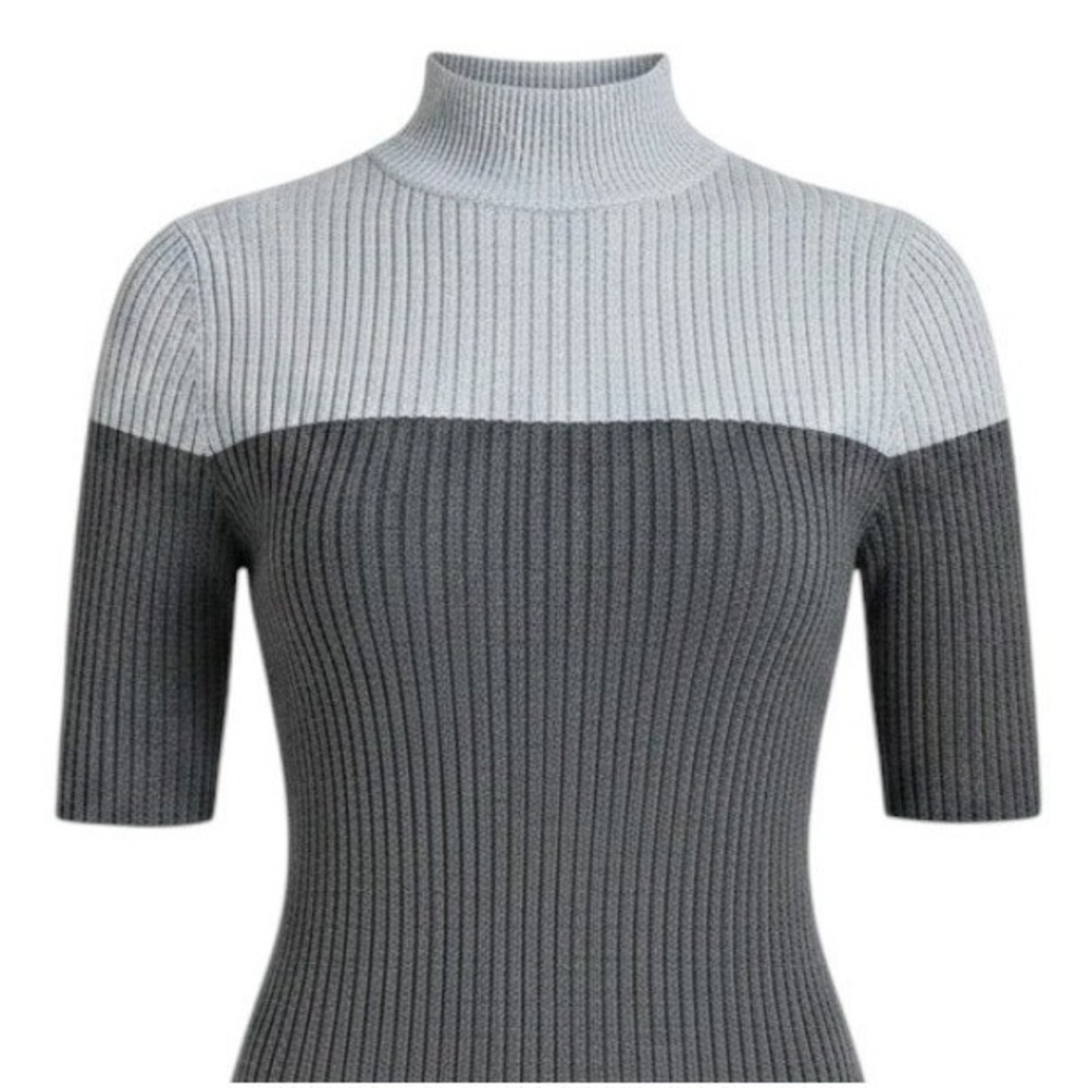 XL DIP Women's short sleeve rib knit bold stripe two tone gray mock neck sweater